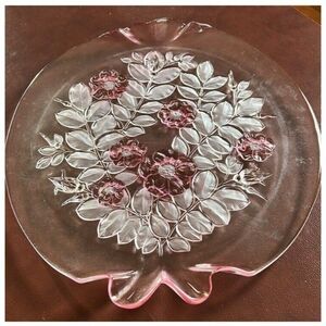 Mikasa Rosella Vintage Walther Crystal Cake Plate Floral Pink /Red Frosted 14”